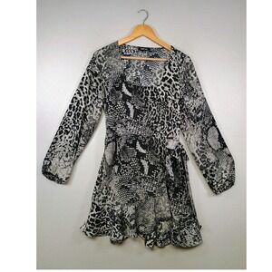 Mob Wife Express Women Size S Gray Animal Print Snakeskin Ruffle Wrap Mini Dress